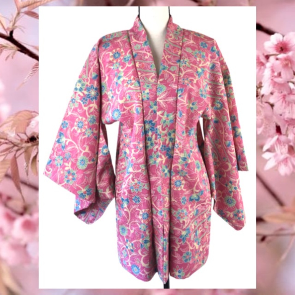 Pink Floral Japanese Yukata Kimono Blue Flower Half Sleeve XS S